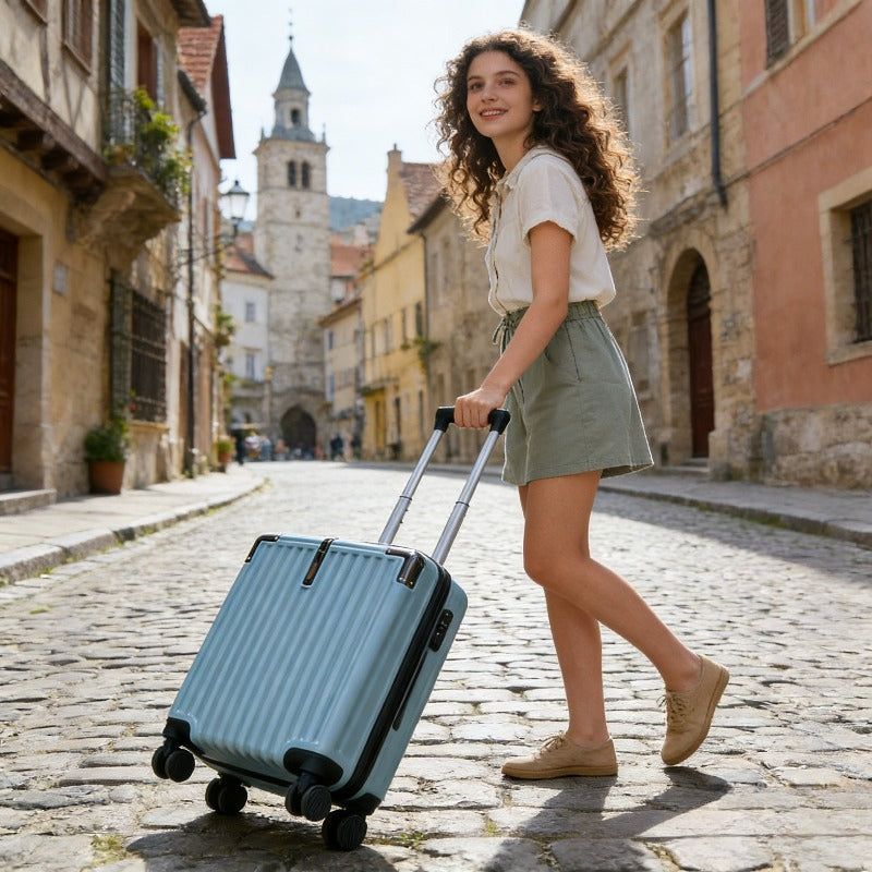 4-color Options, 18-inch Carry-on Suitcase, Made of Covestro PC Pressure-resistant Material, Features a Front-opening Lid Design + Wet-dry Separation Storage to Solve the Hassle of Rummaging and the Problem of Insufficient Space. A Portable Trolley