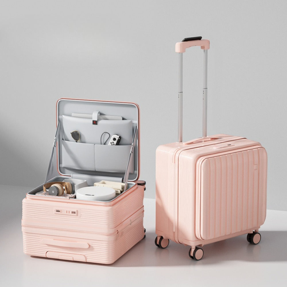 Unisex Multifunctional Small Side-Opening Deep Compartment Luggage, 18 Inch Carry On Suitcase with Password Lock + Cup Holder, Spinner Wheels for Travel School Vacation Beach Business Trips - Perfect Gift (Suitable on 11 Holidays)