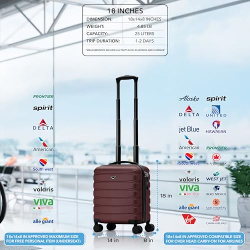 Flight Knight Carry On Suitcase with TSA Lock & USB Port, USB- Station, PC+ABS Hardside Luggage, Silent Spinner Wheels, Maximum Underseat Airplane Cabbin Bag Compatible for American, United, Delta, JetBlue (18\