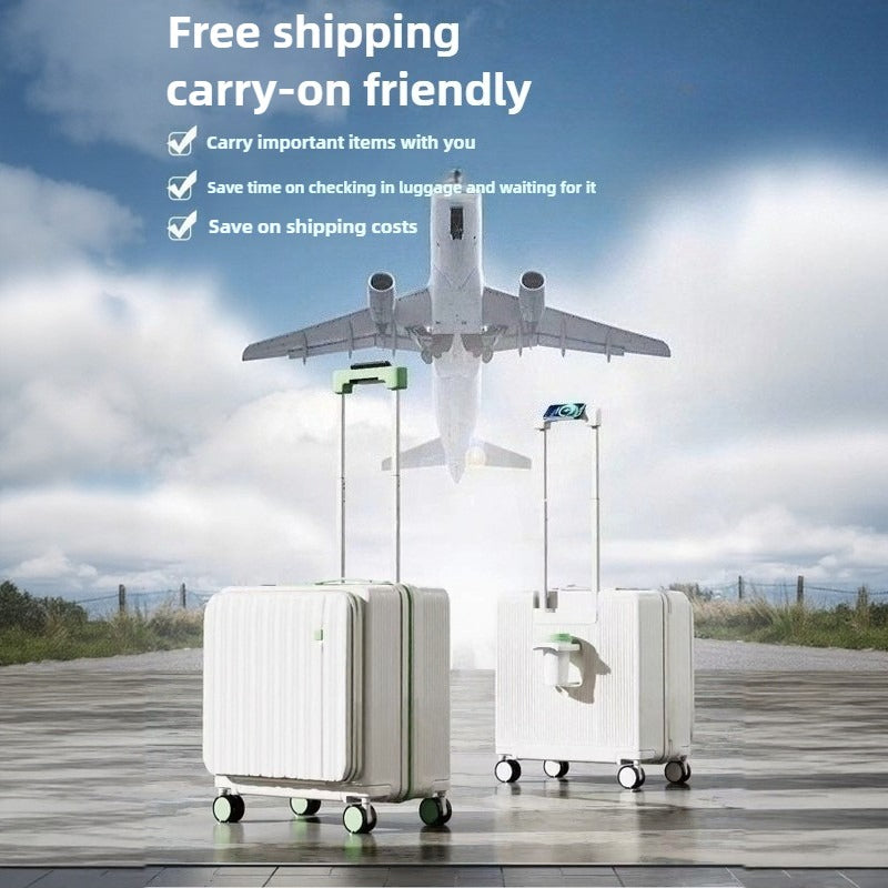 Unisex Multifunctional Small Side-Opening Deep Compartment Luggage, 18 Inch Carry On Suitcase with Password Lock + Cup Holder, Spinner Wheels for Travel School Vacation Beach Business Trips - Perfect Gift (Suitable on 11 Holidays)