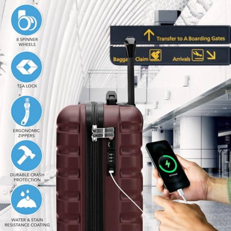 Flight Knight Carry On Suitcase with TSA Lock & USB Port, USB- Station, PC+ABS Hardside Luggage, Silent Spinner Wheels, Maximum Underseat Airplane Cabbin Bag Compatible for American, United, Delta, JetBlue (18\